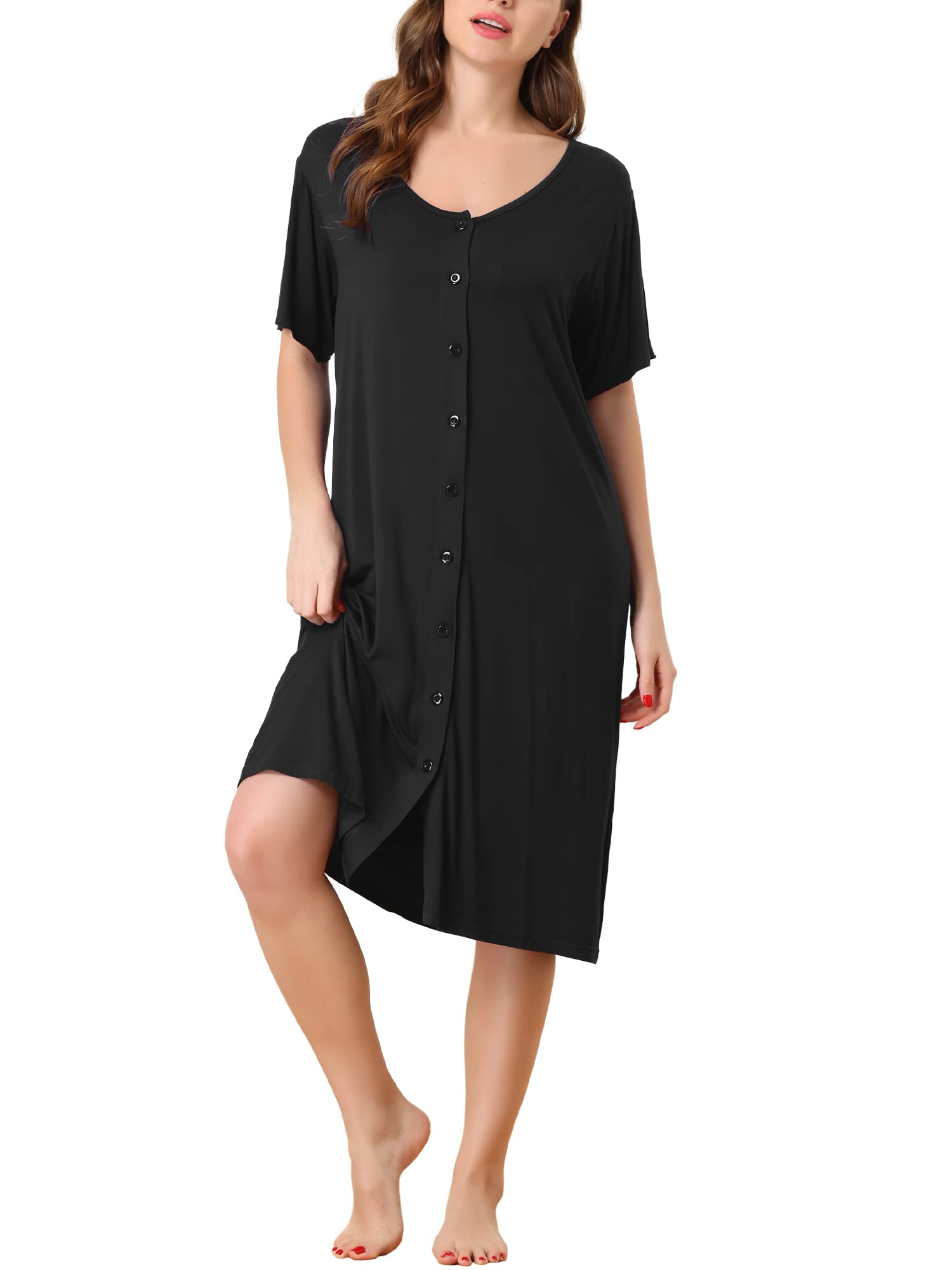Cheibear Women's Black Modal Nightshirt Soft Button Down Nightgown Short Sleeve Pajama Sleepshirt L