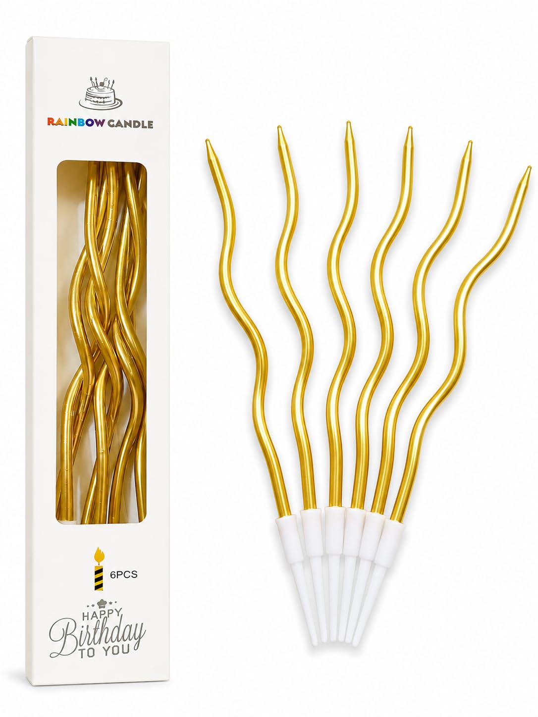 Metallic Gold Spiral Birthday Cake Candles, Pack of 6 | Long Twisted Unscented Dripless Candles for Cake Decoration | Birthday, Wedding, Baby Shower & Party Supplies-image-28
