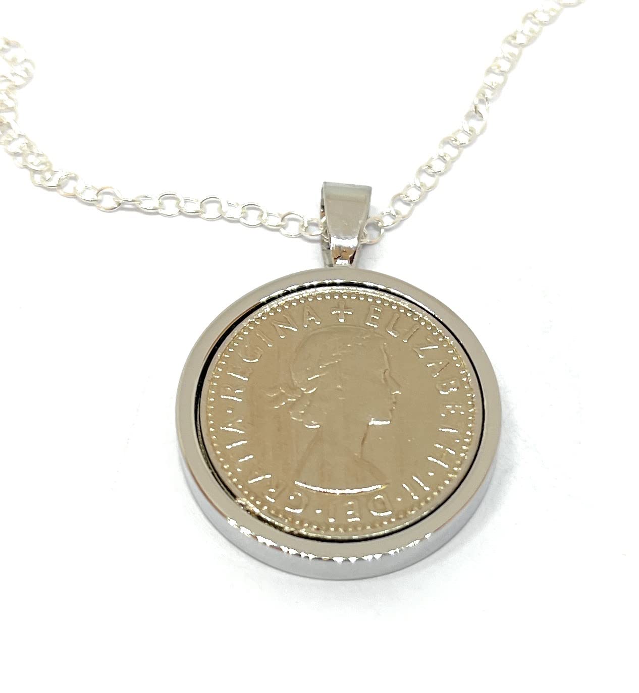 OCC Old Coin CufflinksPremium "Silver Sixpence" Queens Head Solid Silver Plated Pendant ideal for a birthday or anniversary QEII, Small, Silver, Other Clasp Type