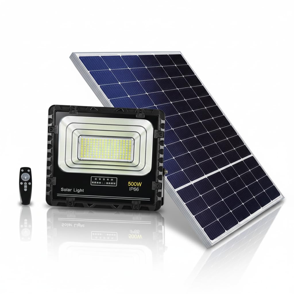 Faro LED Esterno con Pannello Solare 500W Faretto Solare Crepuscolare E Sensore Di Movimento IP66