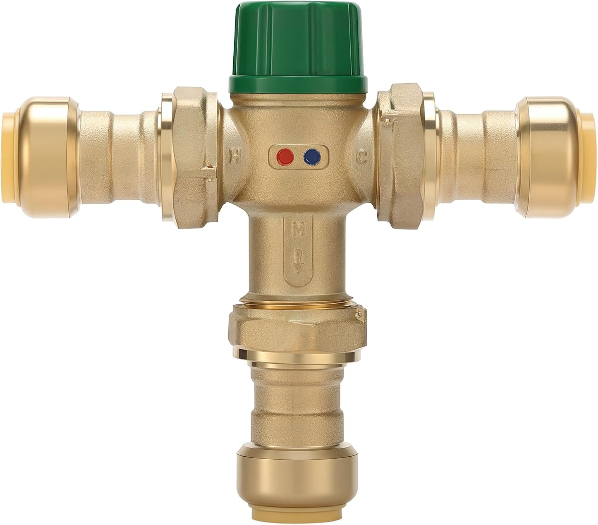 3/4 Inch Brass Thermostatic Mixing Valve with Union Connections, Compatible with SharkBite Copper, CTS, CPVC, SDR-9 HDPE, and PEX Fittings