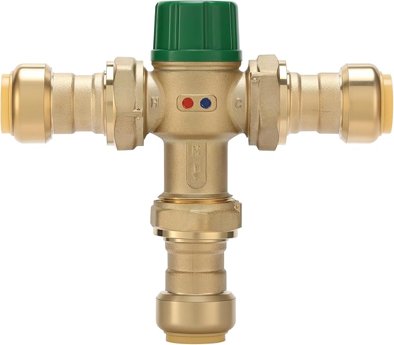 3/4 Inch Brass Thermostatic Mixing Valve with Union Connections, Compatible with SharkBite Copper, CTS, CPVC, SDR-9 HDPE, and PEX Fittings