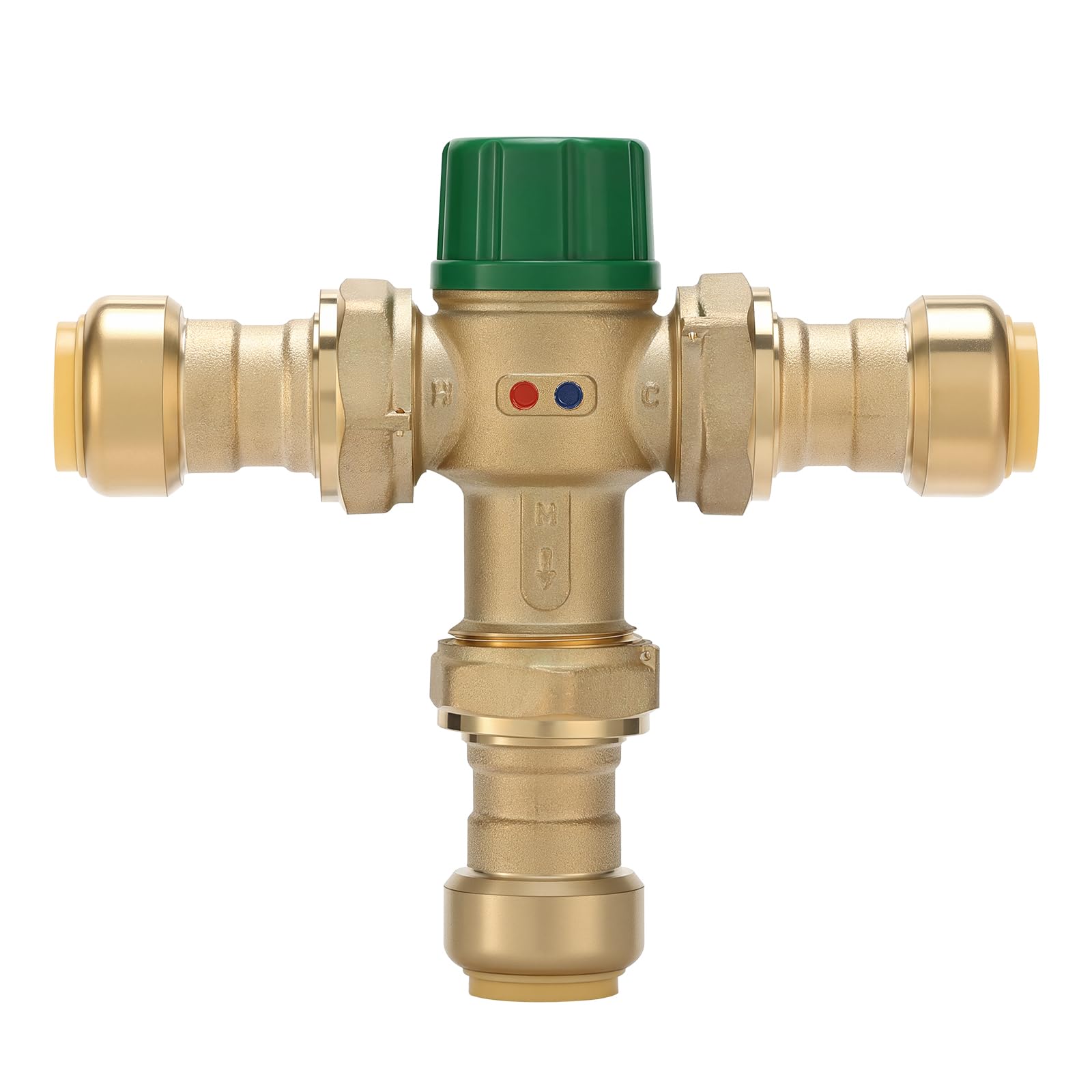 Válvula mezcladora termostática de latón de 3/4 pulgadas con conexiones de unión, compatible con accesorios SharkBite Copper, CTS, CPVC, SDR-9 HDPE y PEX