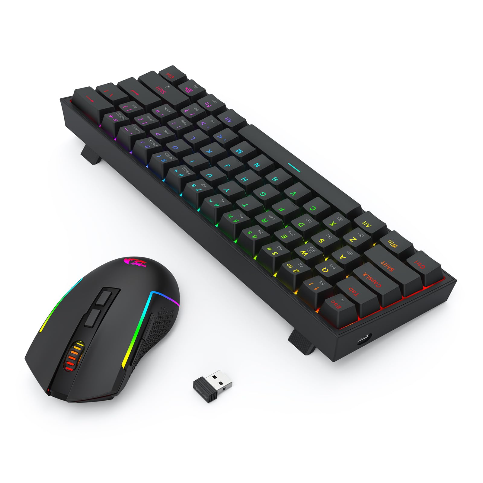 Redragon S144 Combo Teclado Ratón Inalámbrico 60% Dongle Compartido | combo teclado ratón gaming 60% K617 3 modos RGB ratón 7200DPI dongle compartido práctico