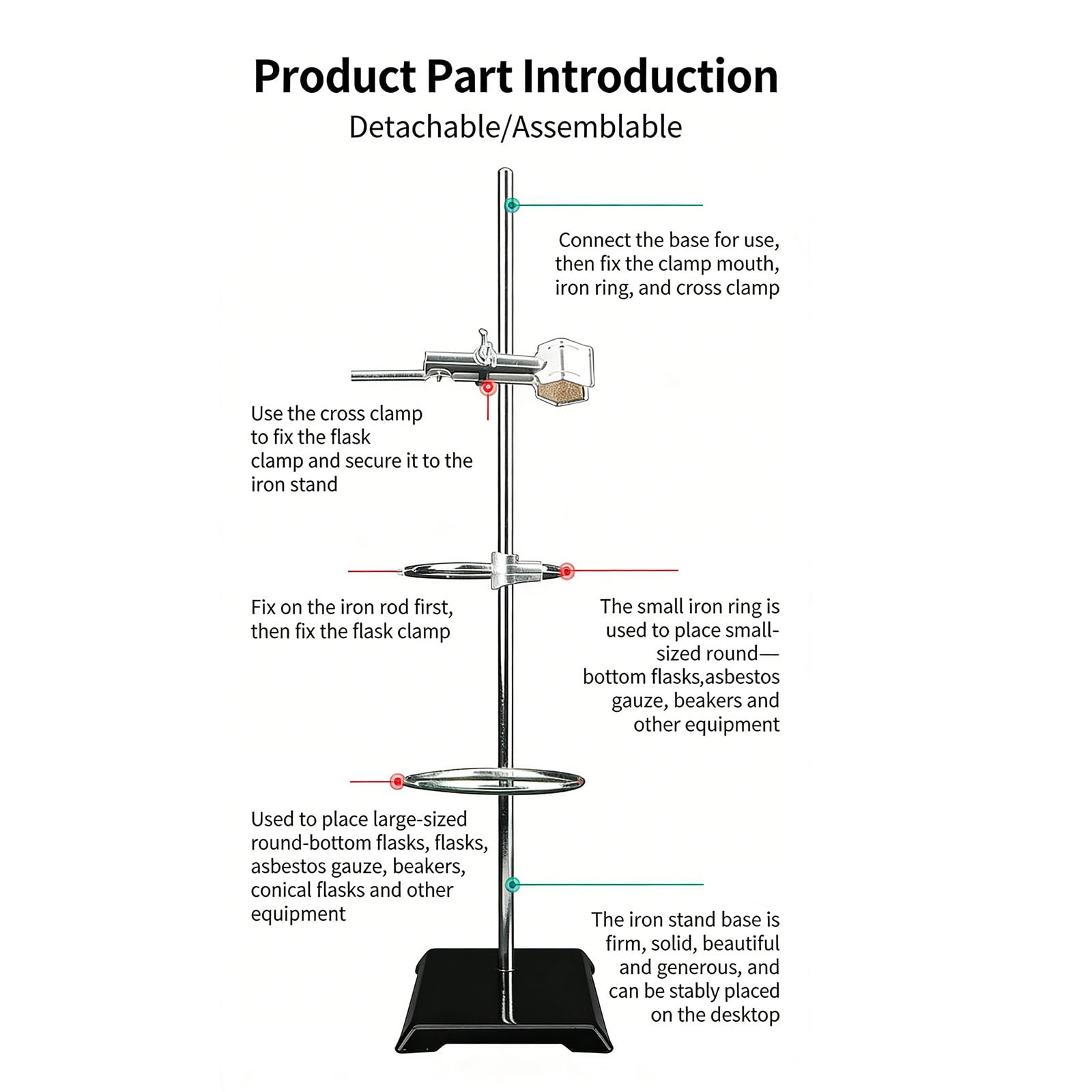 Soporte de laboratorio 35 cm para experimentos de química con superficie inoxidable y abrazaderas de apriete