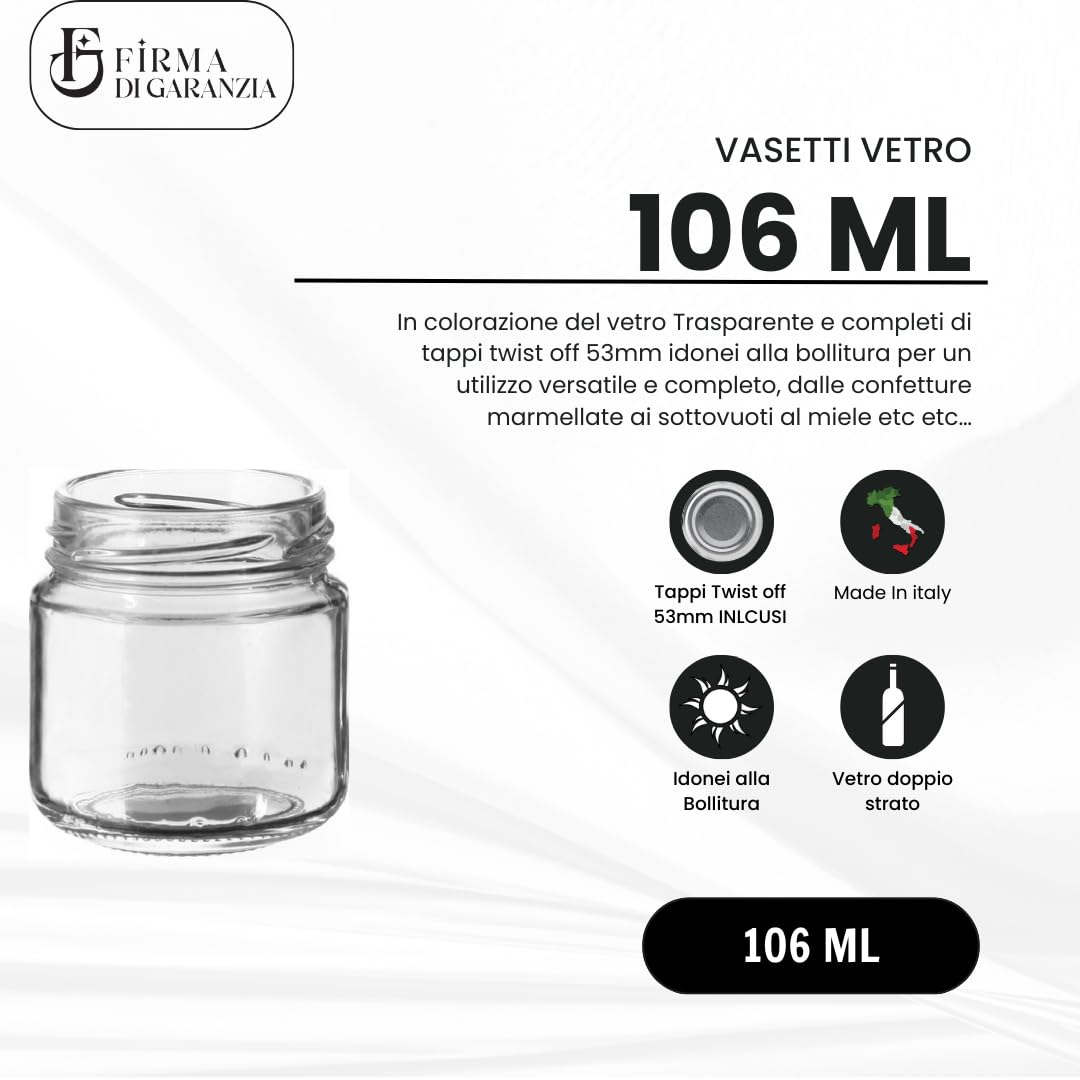 Firmadigaranzia srl Barattoli in vetro per marmellate e omogeneizzati da106 ml con tappo twist off 53mm 96PZ - Vasetti vuoti in vetro da 106ml per marmellate, conserve, cinfetture e bomboniere