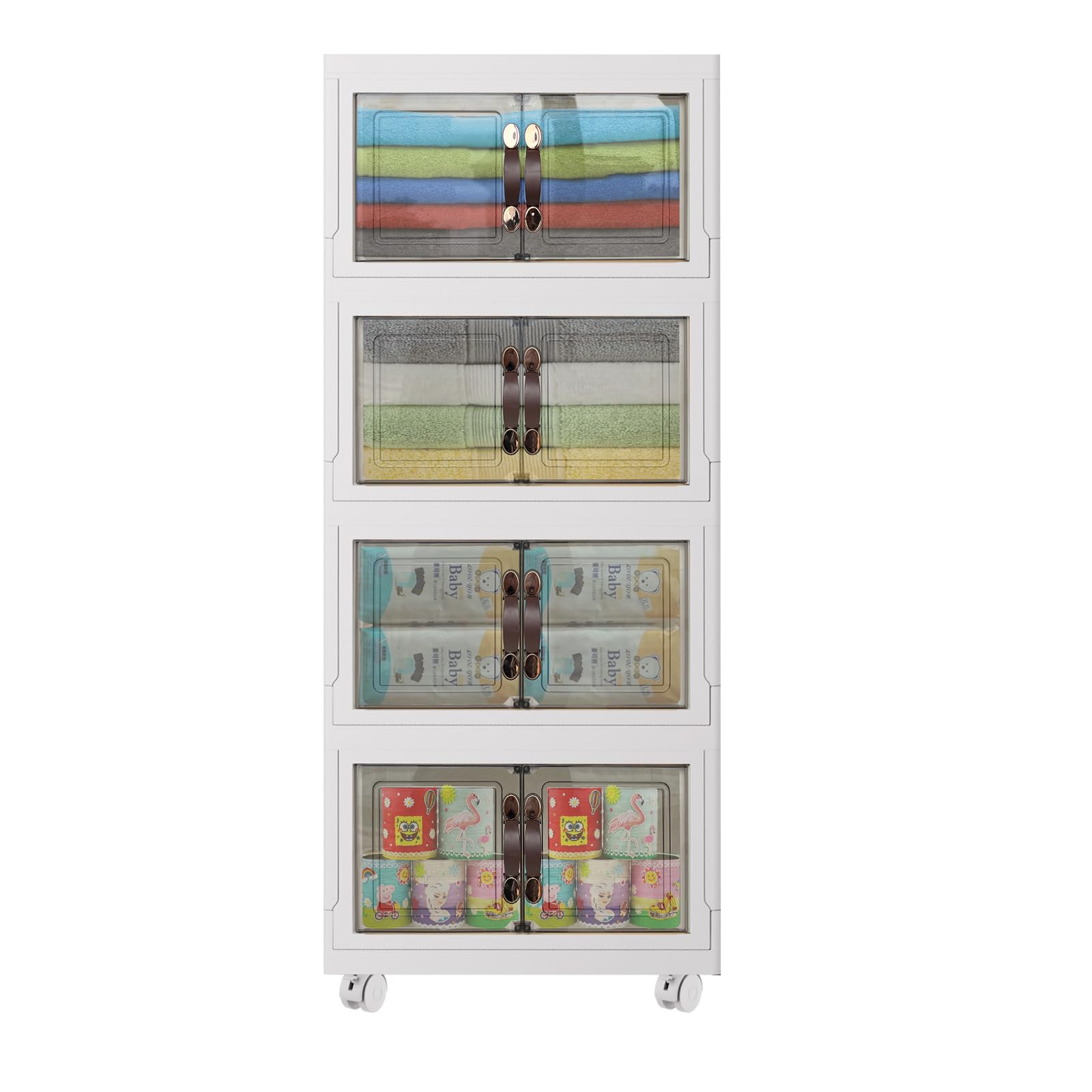 Stackable Storage Bins with Wheels and Lids, Collapsible Containers for Clothes and Book Storage , 4X34L Foldable Plastic Closet Organizers with Transparent Magnetic Door for Bedroom Kitchen (4X34L)