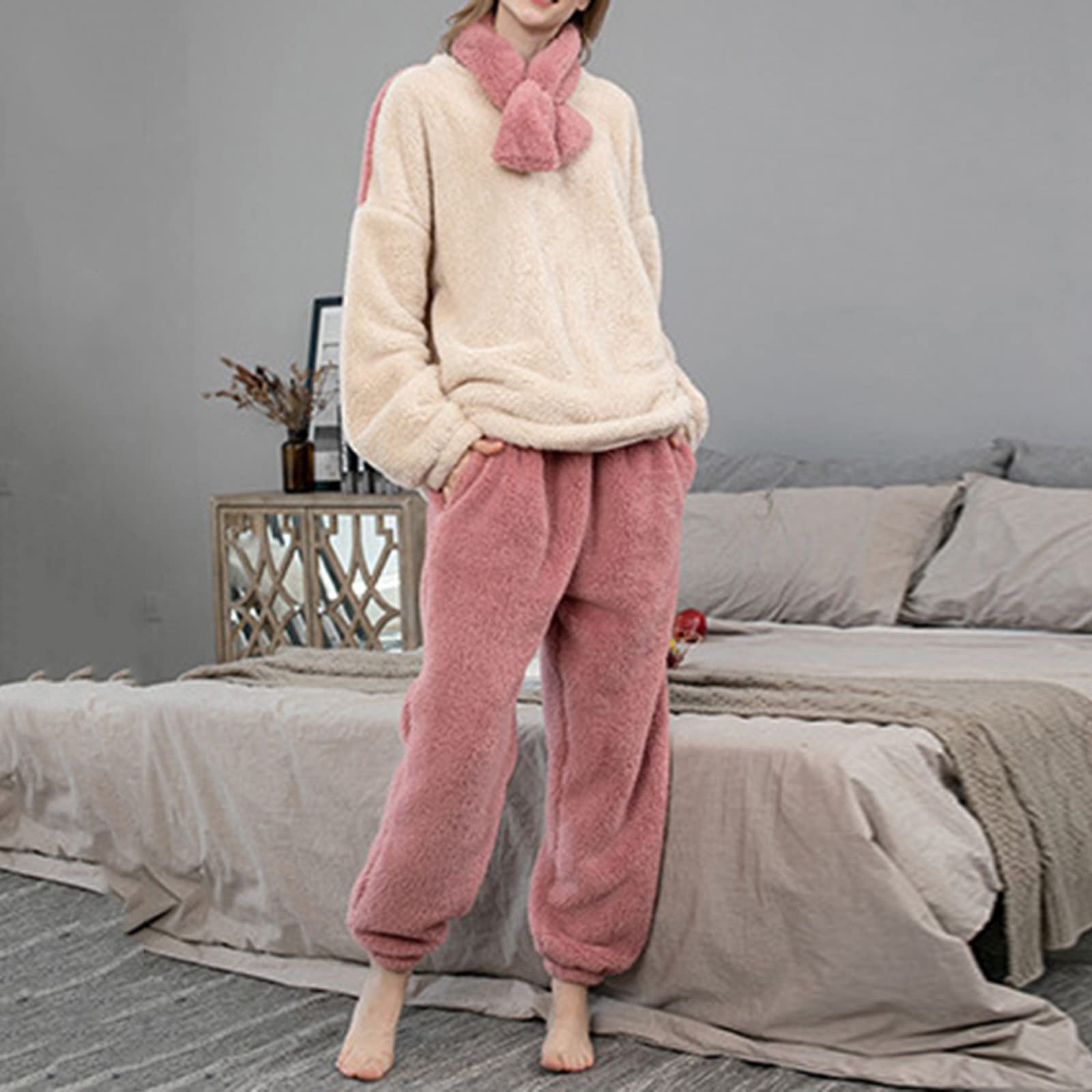 CMBSSTFC Pijamas de invierno para mujer, de forro polar, cálido y acogedor, pijamas térmicos de dos piezas, pantalones largos y camisetas de pijama, traje de jogging, conjunto de pijama de gran tamaño