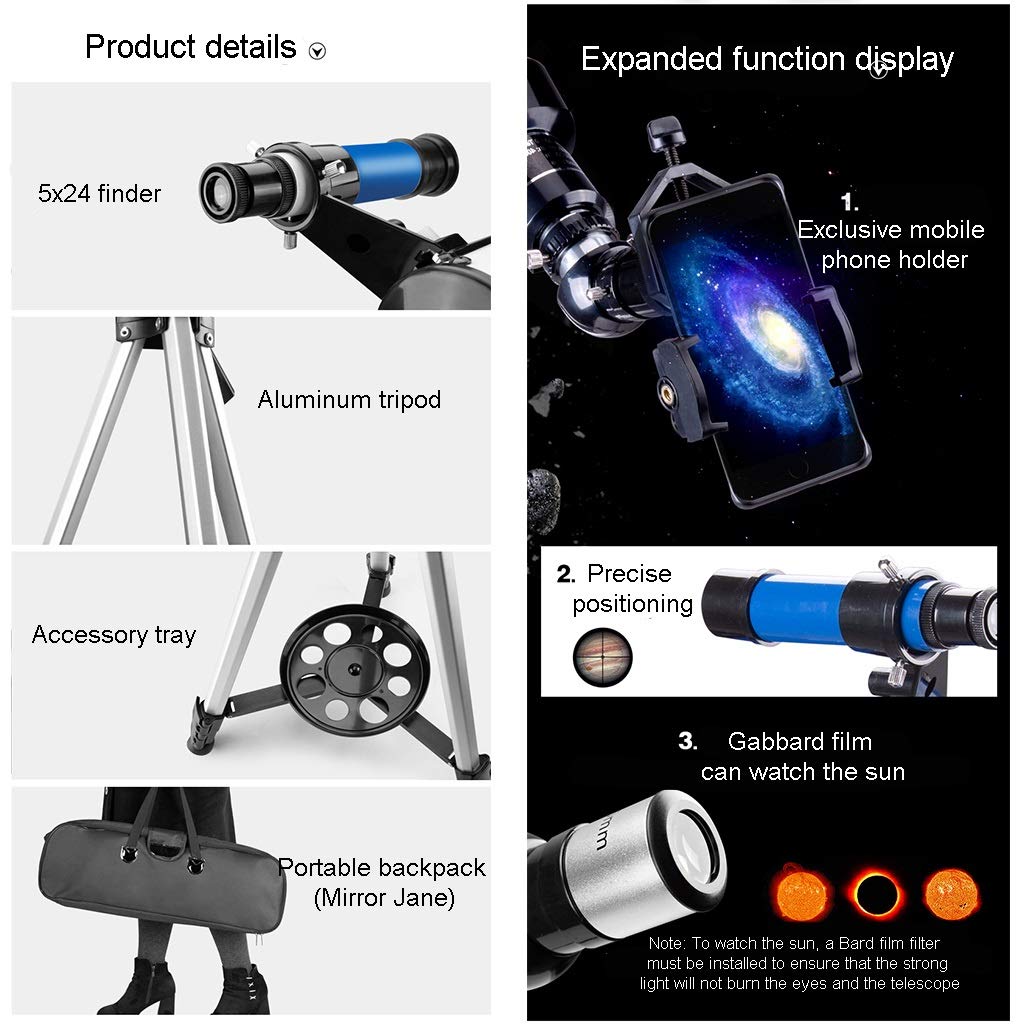 para niños, Apertura de 70 mm, Montura AZ de 400 mm, telescopio astronómico portátil para niños, Refractor para niños, Adultos y Principiantes, Regalo para niños.
