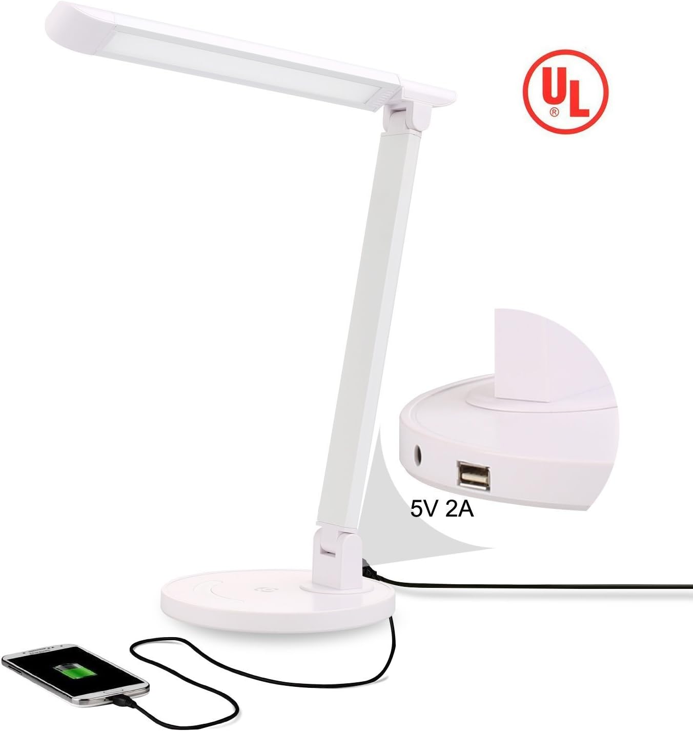 Geega UL Certified Dimmable LED Desk Lamp,7-Level Dimmer,Eye-caring,Touch-Sensitive Control Panel,Energy Efficient,5V/2A USB Charging Port,Piano White