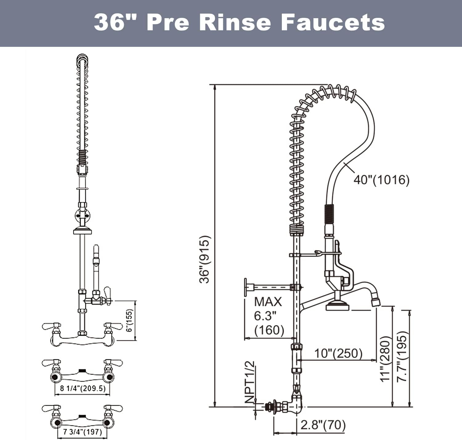 Commercial Kitchen Faucet Wall Mount with Pre-Rinse Sprayer 36" Height Wall Mount Kitchen Sink Faucet 8 Inch Center with 10" Add-on Swing Spout Faucet & Coiled Spring Pull Down Spray - Image 6