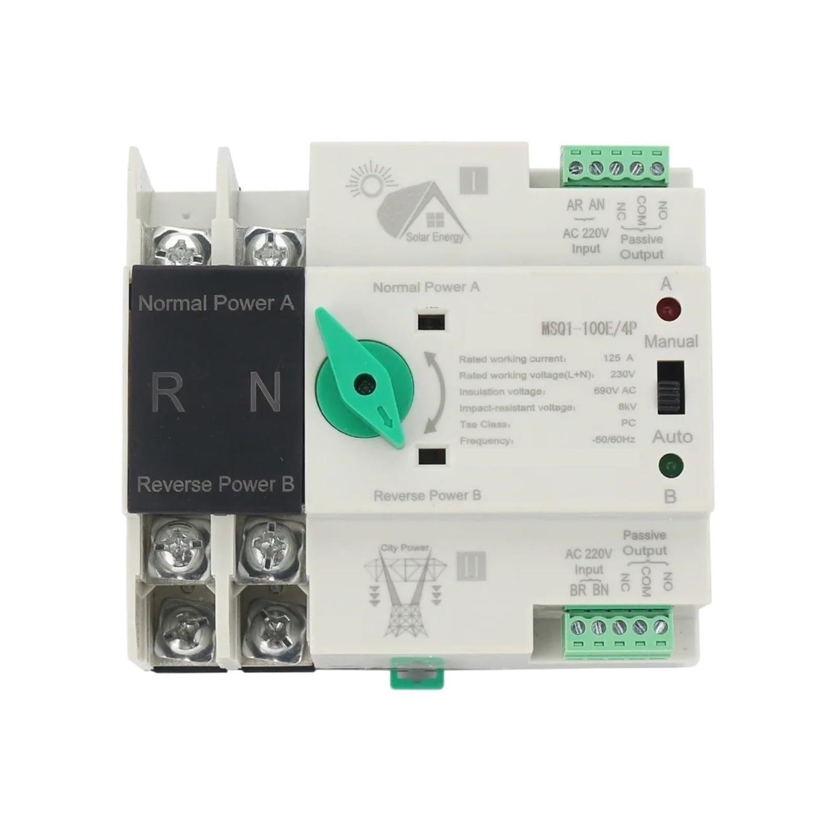 Interruptor de Transferencia automático de Doble Potencia ATS 220 Conmutación de Aislamiento Energía fotovoltaica montada en riel(MSQ1-100E 4P)