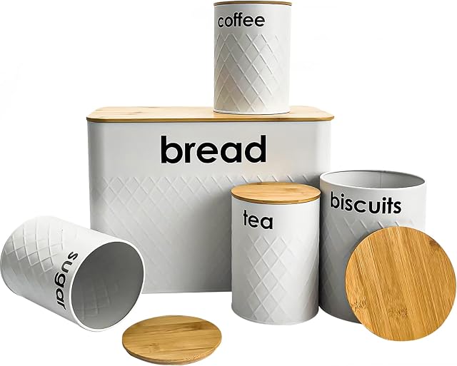 5pc Bread Bin and Canister Sets Available In 4 Colours Kitchen Loaf Storage Box + Airtight Bamboo Lid (White)