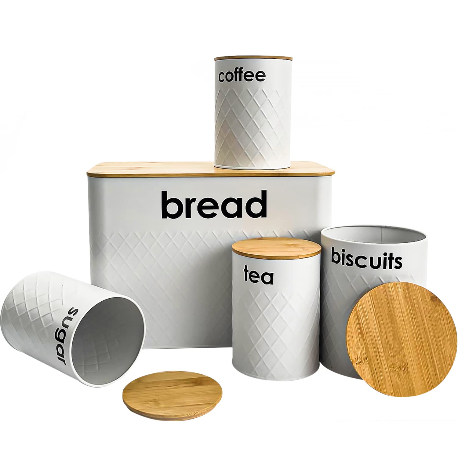 Denny International White 5Pc Bread Bin And Canister Sets Kitchen Loaf Storage Box + Airtight Bamboo Lid (White)
