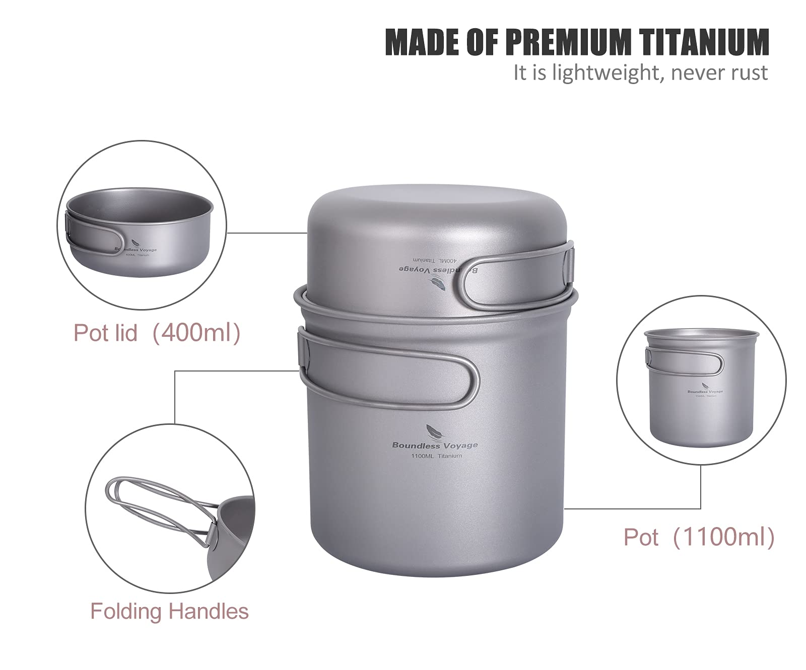 Boundless Voyage Ensemble de cuisine en titane avec poignée pliable pour camping, pique-nique, randonnée, etc