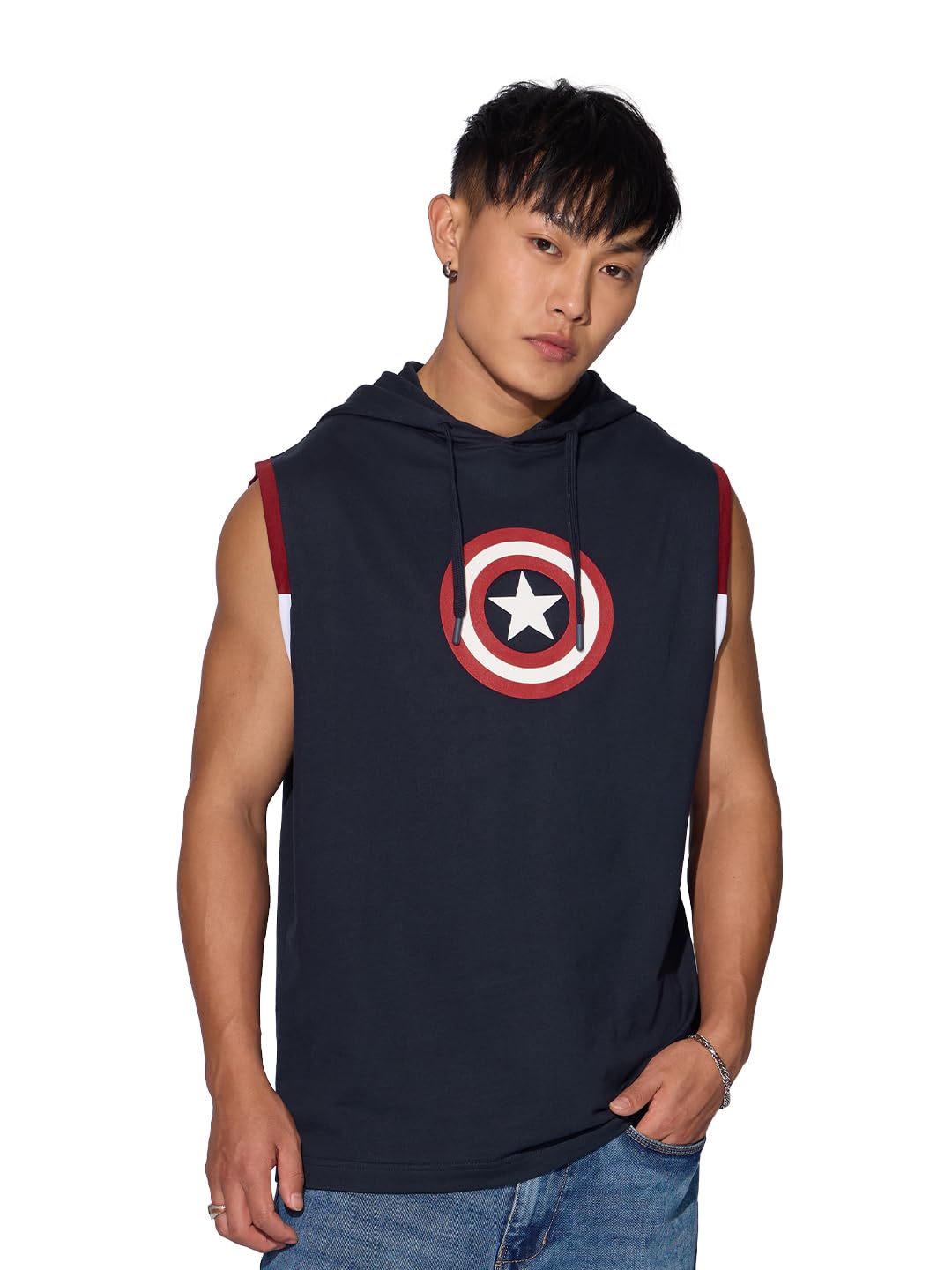 The Souled StoreCaptain America: Super Soldier Sleeveless Regular Fit Navy Blue Graphic Printed Cotton Hooded T-Shirts