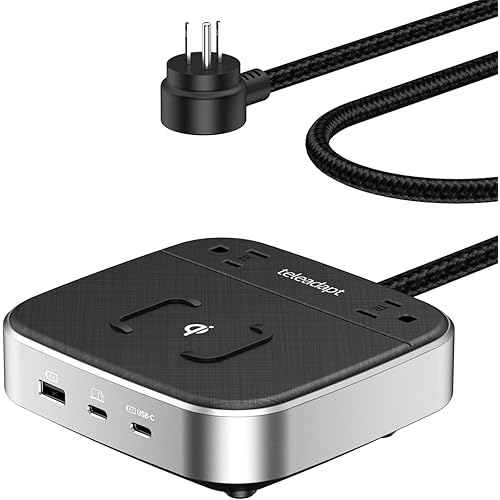 67W Charging Station for Multiple Devices, 6-in-1 Desktop Power Hub with Wireless Charger for iPhone, 2AC Outlets, 1 USBA, 2 USBC 45W Fast Charging for iPad Samsung Android Devices, Grey