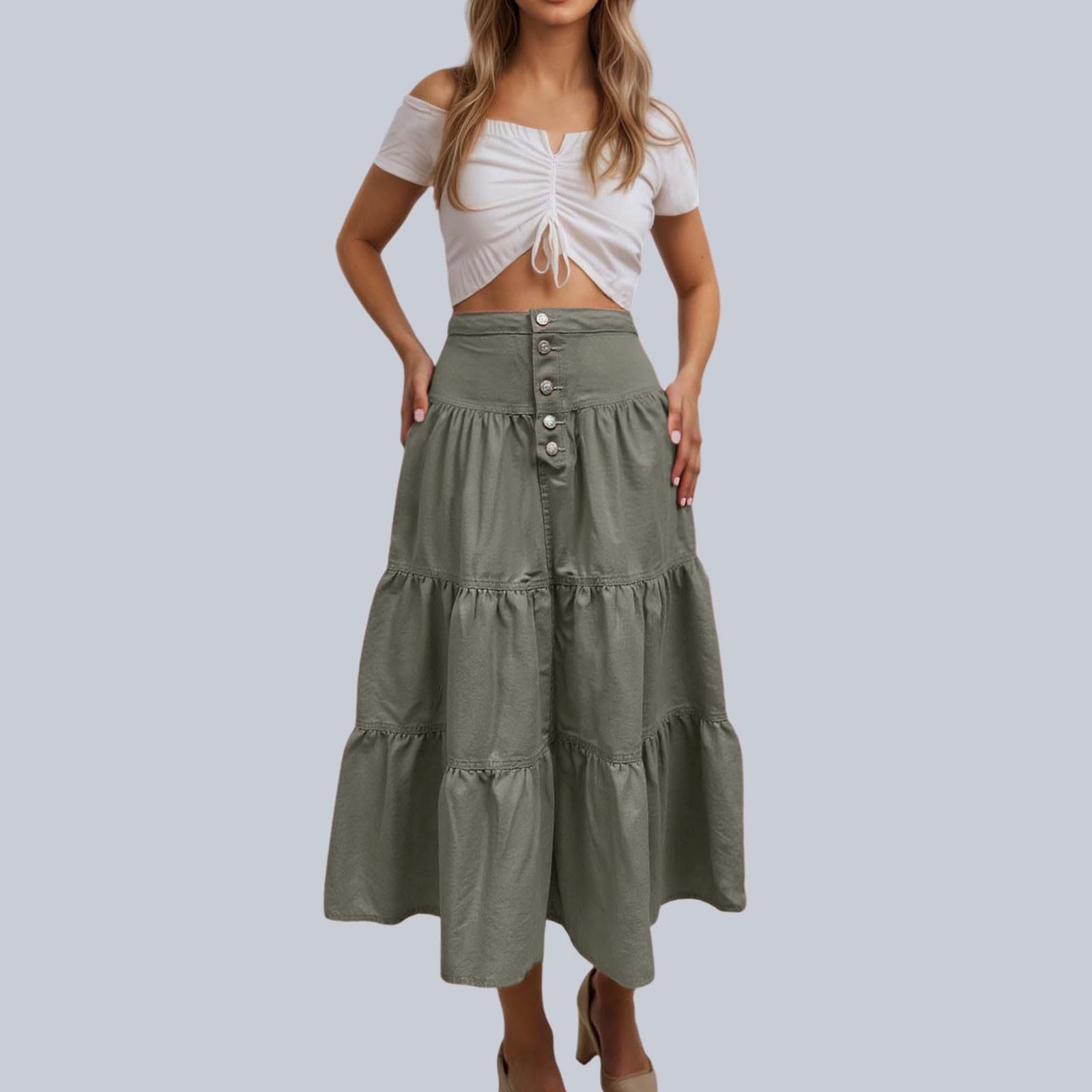 Falda Larga Mujer Verano, Faldas Mujer Verano Sexy, Faldas Larga Cintura Alta con Volantes Plisada Y Escalonada Ideal Ropa Calle Fiestas Y Atuendos Casuales Skirt Minifalda Falda Vaquera