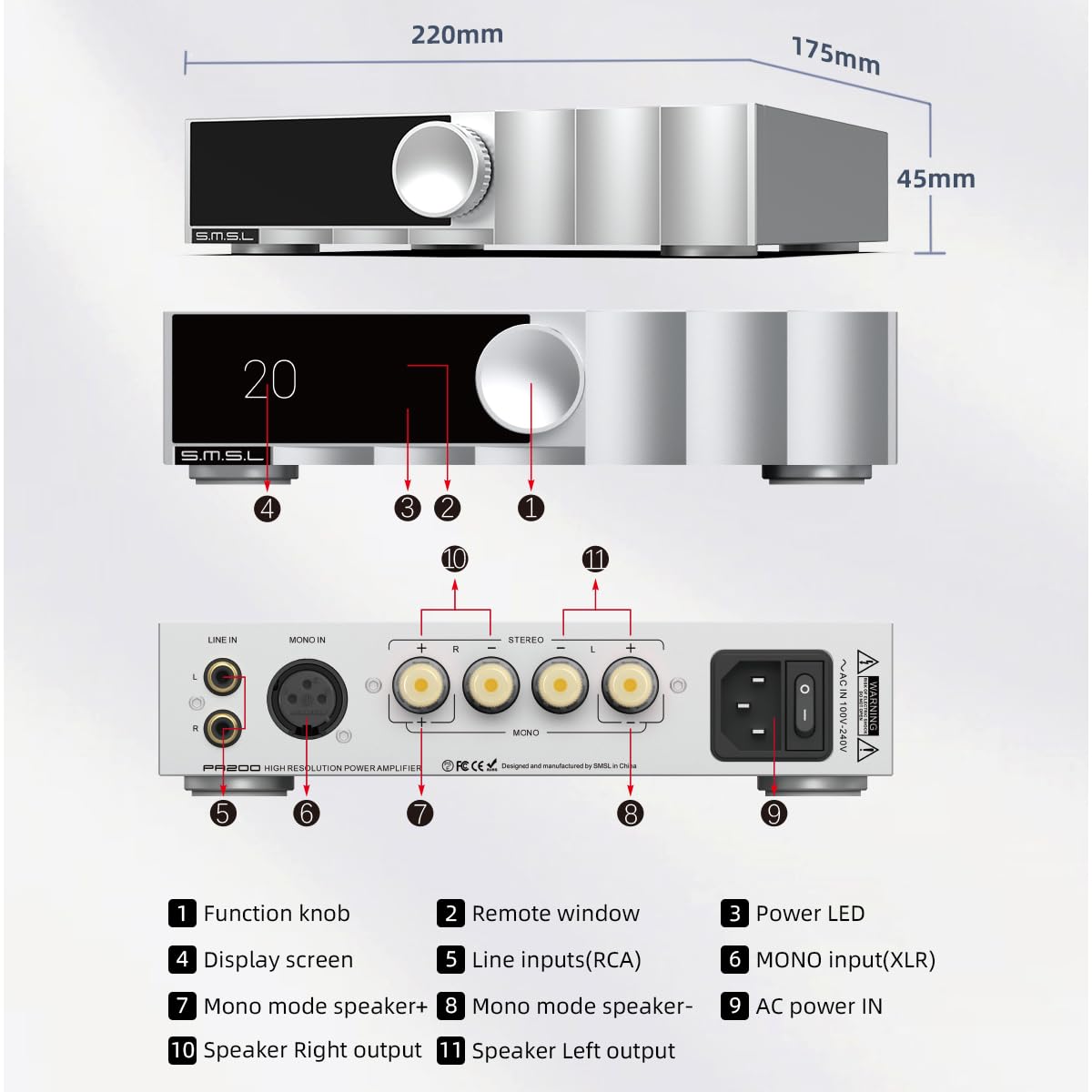 SMSL PA200 Amplificador de potencia Modo mono para entradas XLR Entradas RCA Modo de paso trasero puro estéreo Chip PGA2311 Controla fácilmente altavoces de alta potencia