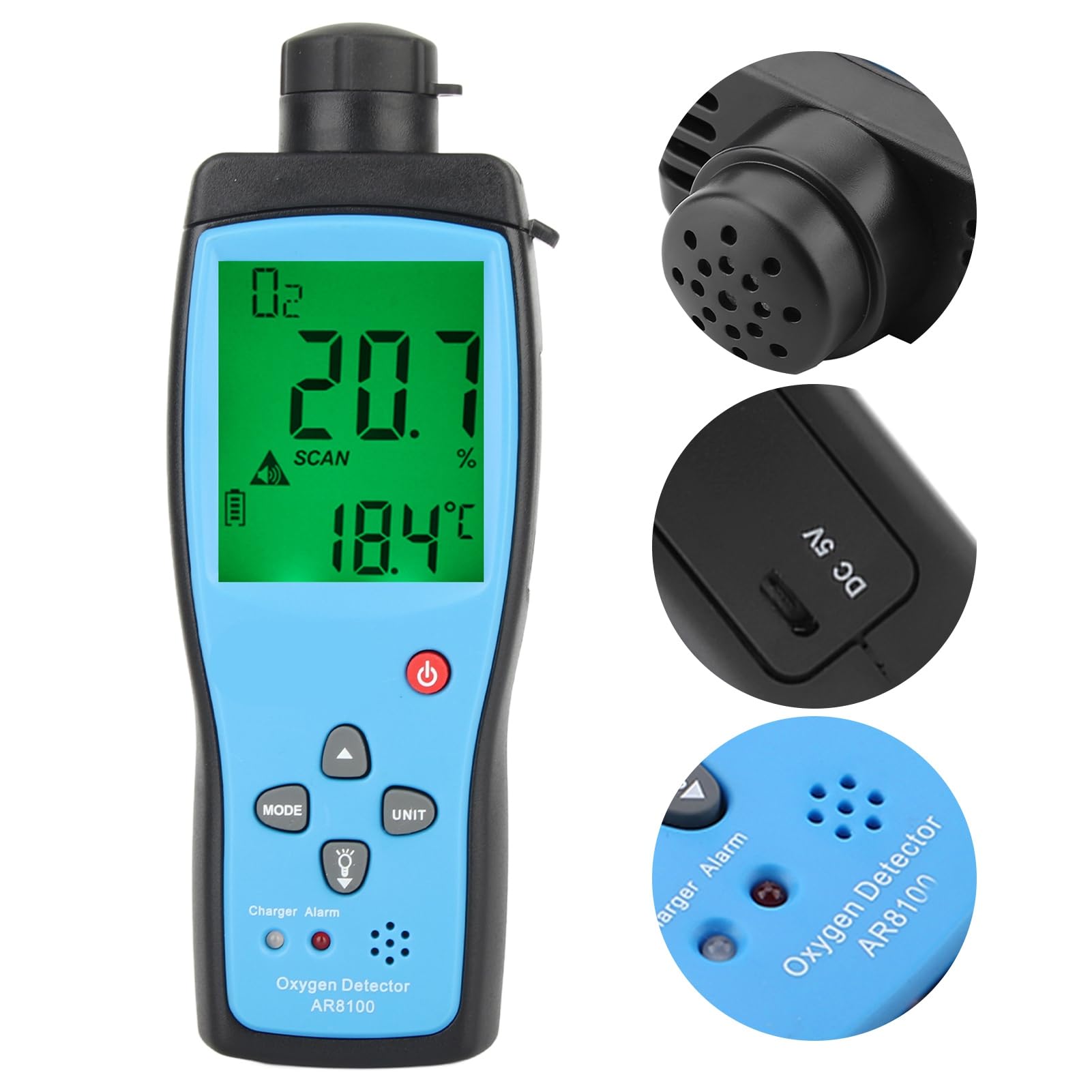 Rilevatore di Ossigeno AR8100, Misuratore di Ossigeno Portatile in ABS, Range da 0 a 30%, Display LCD Retroilluminato, Allarme Luminoso Audio Ricaricabile per Uso Esterno in Fabbrica, Casa,