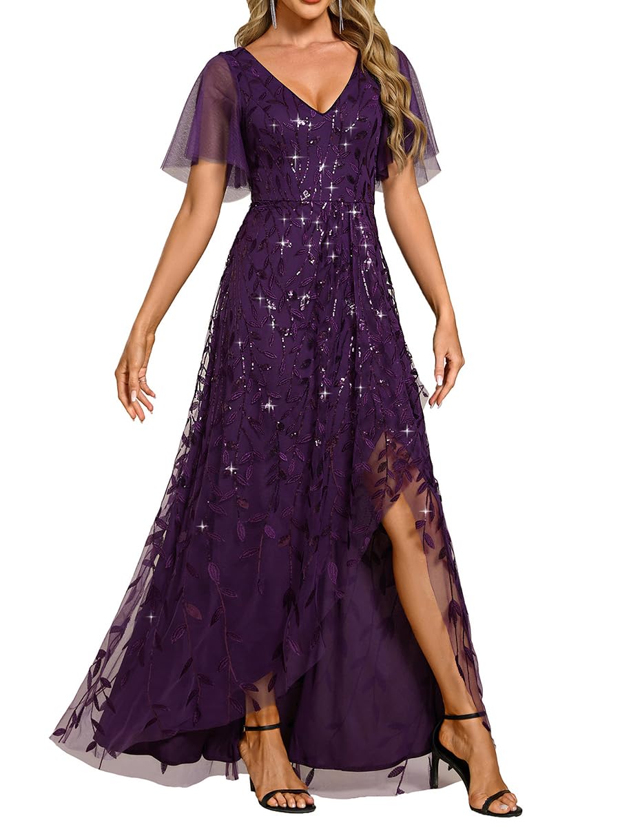 Ever-Pretty Women's Shimmery Formal Dress V Neck Sequins A-Line Side Slit Elegant Long Evening Dresses 02083