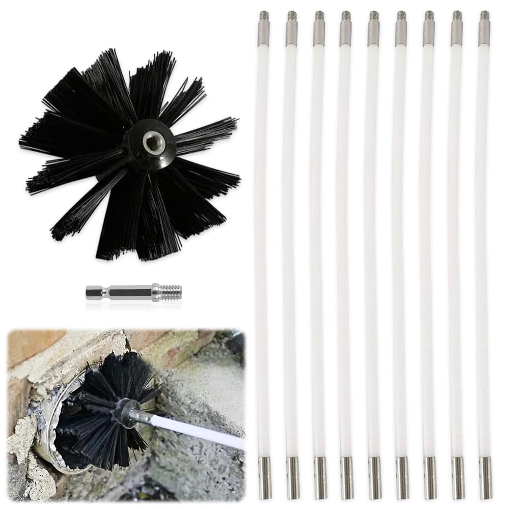Cepillo De Chimenea Kit, Cepillo Limpieza Chimenea con 9 Varillas Flexibles 410mm, 1 Cabezal de Cepillo Diámetro 150 mm y 1 Varillas Hexagonales, Limpiador Hollin Cepillo para Secadora Campana