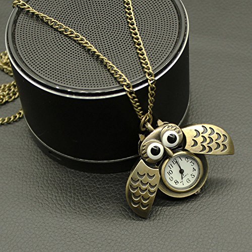 Vintage Cute Flying Owl Pocket Watch, Long Chain Sweater Pendant Necklace, for Women Men Birthday Christmas Gift (Wings)2