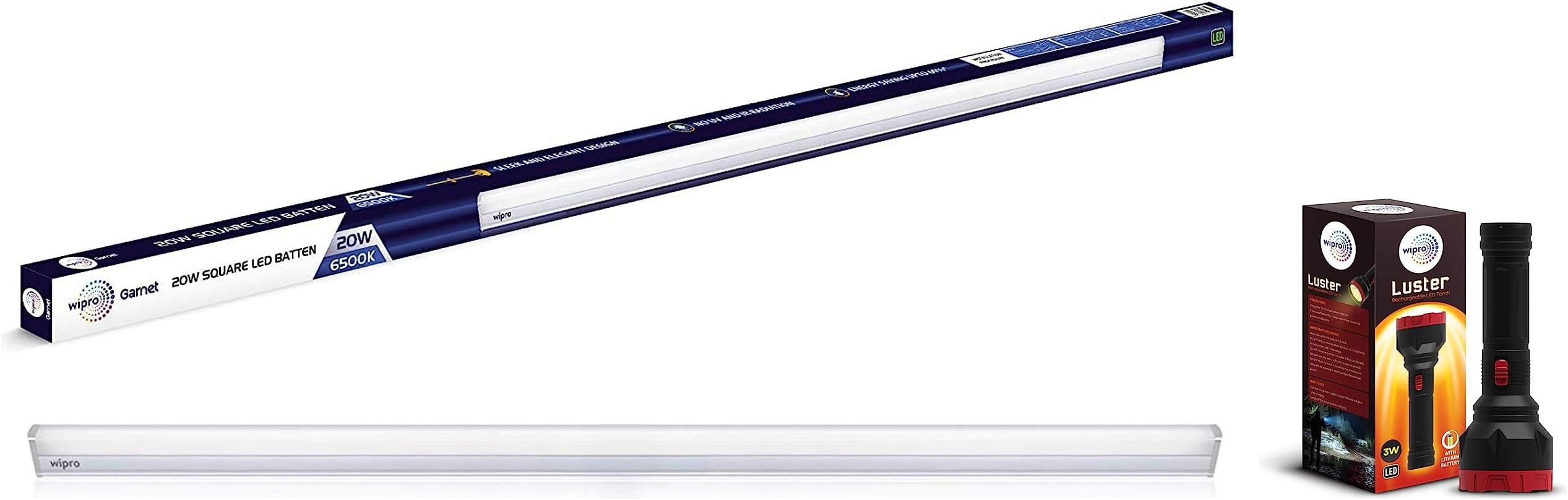 wipro Luster 3W Led Bright Rechargeable Torch (Pack of 1, Red and Black, ABS) & wipro Garnet 20W LED Tubelight (White, D532065)