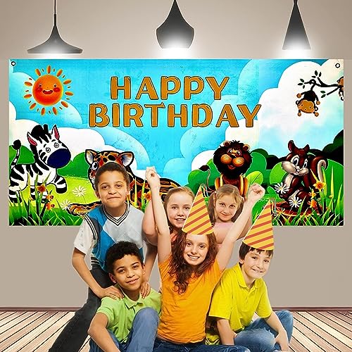 Image of Wanna Party Large Safari Jungle Animals Happy Birthday Banner, Jungle Party Sign /Photo Backdrop, Jungle Animals Theme Party Decorations Supplies for Safari /Jungle Themed Birthday Party-4' x2'