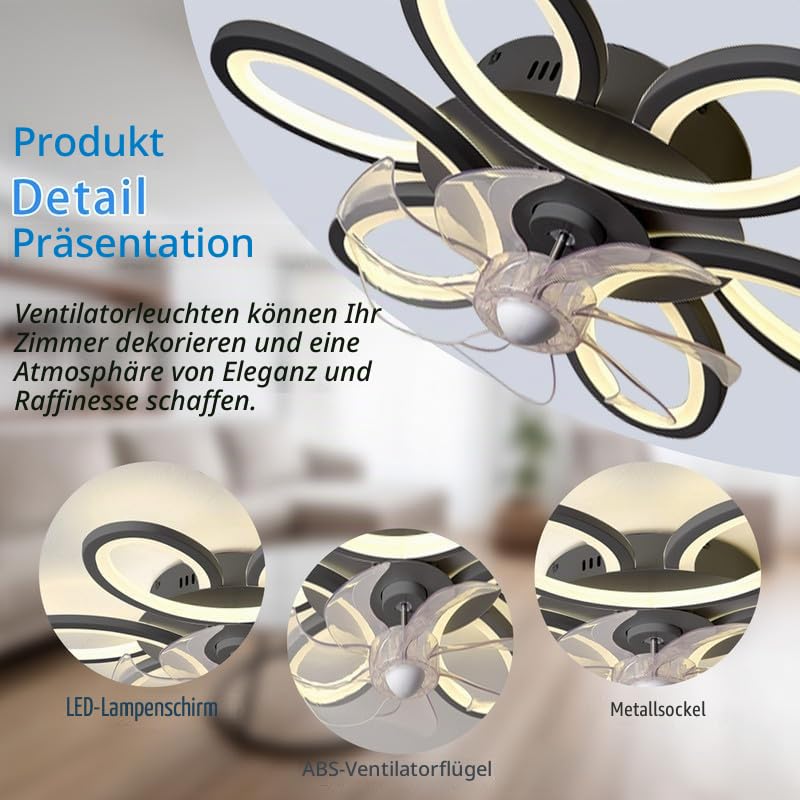 LED Deckenventilator Mit Beleuchtung Leise Dimmbar Blume Lampe Mit Ventilator FüR Schlafzimmer Fernbedienung Reversibel Deckenlampe Mit Ventilator Smart Modern 65cm FüR Wohnzimmer, KüChe, Schwarz