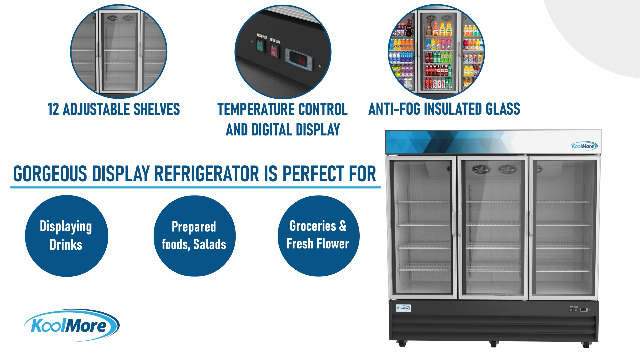 Image of KoolMore - MDR-3GD 78 1 /4 inch Commercial Glass 3 Door Display Refrigerator Merchandiser - Upright Beverage Cooler with LED Lighting - 53 Cu. Ft. Black