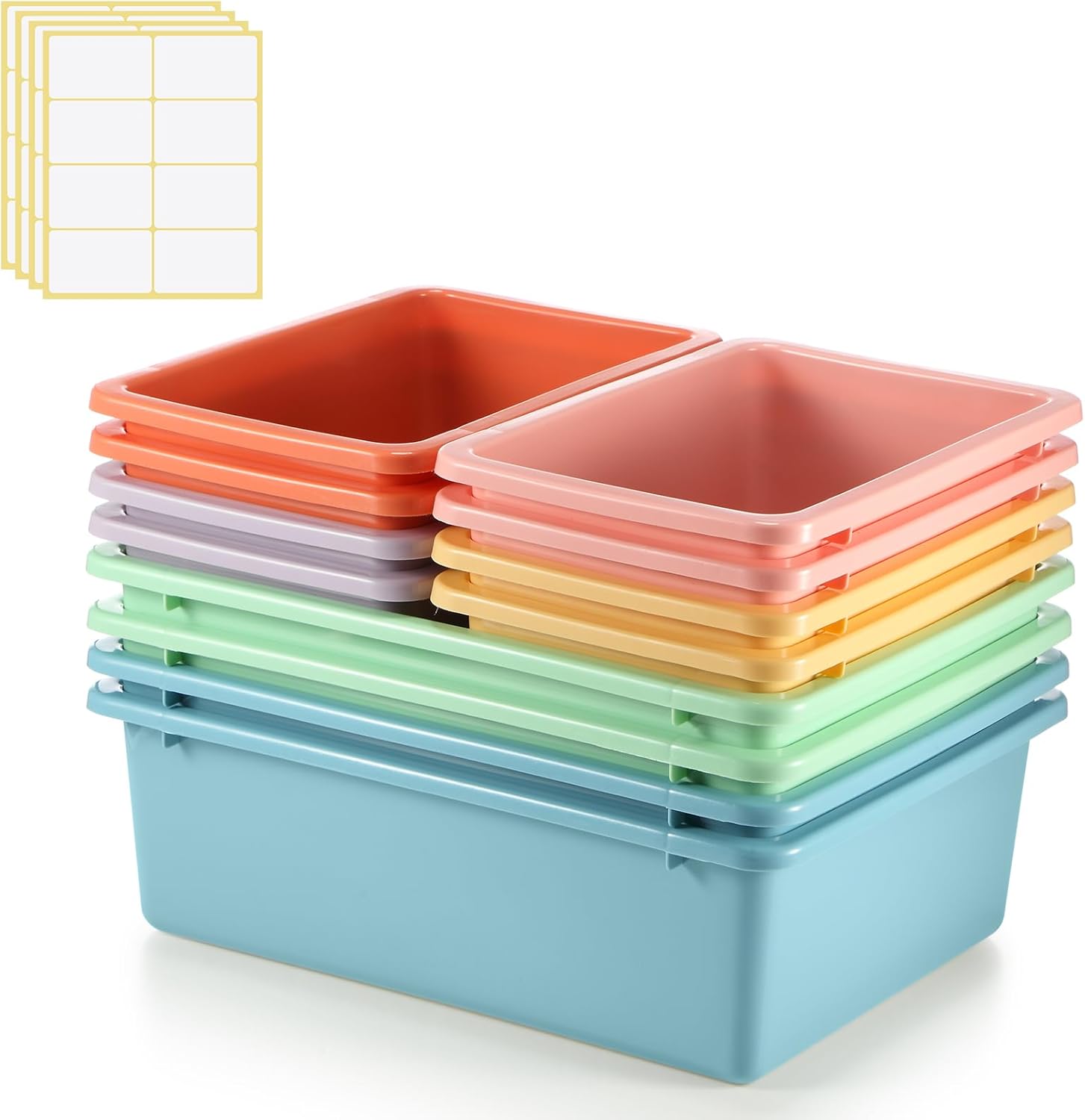 Zonon 12 Pcs Plastic Cubby Bins Office Storage Container Storage Bins Plastic Organization with 1 Pack Self Adhesive Label for Library Office Home Nursery(Pastel)