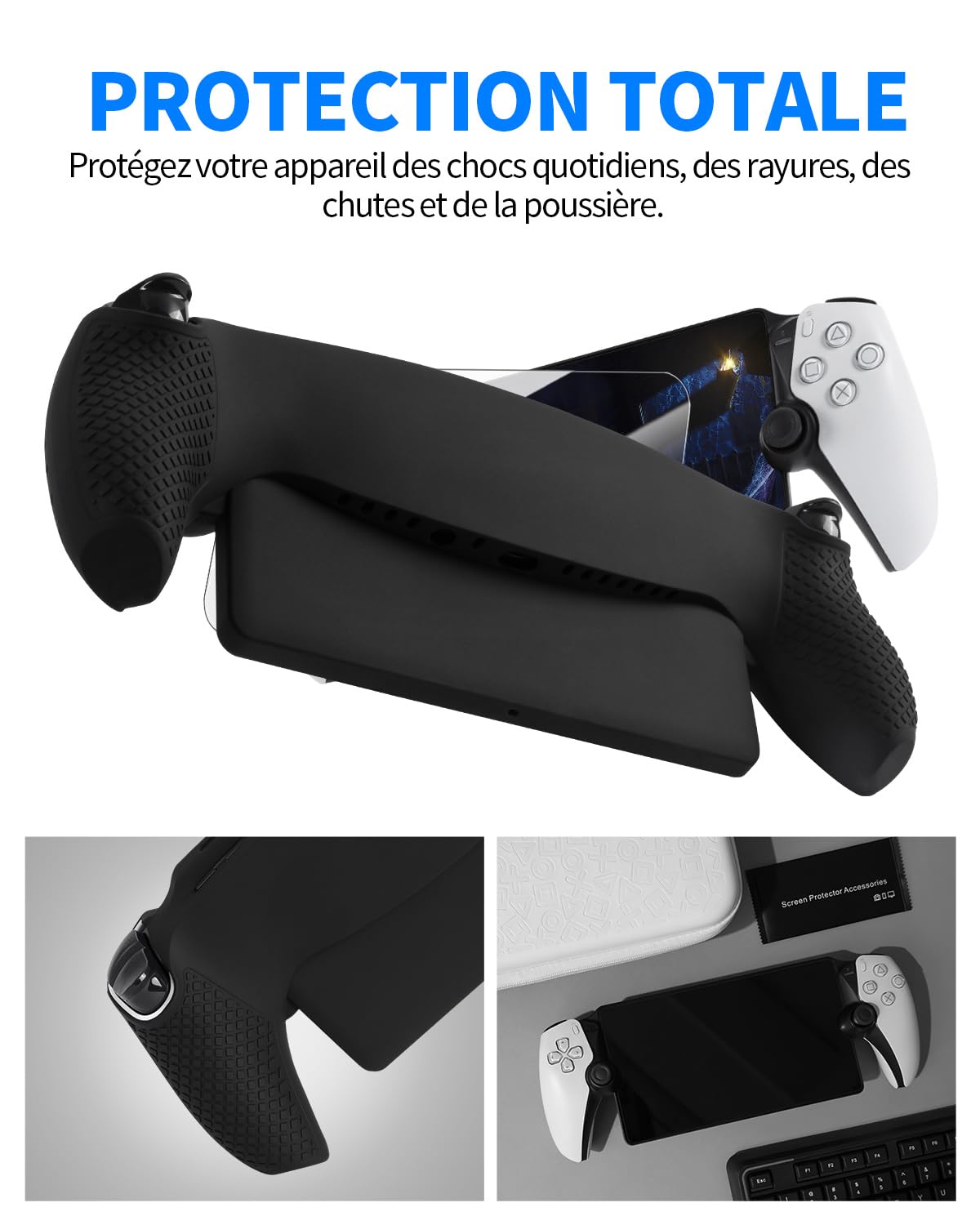 8 en 1 Kit D'accessoires Compatible avec Playstation Portal, Pochette Portable Rigide avec Housse Protection En Silicone Compatible avec PS5, Protecteur D'écran Avec 4 Thumb Grips, Noir & Blanc
