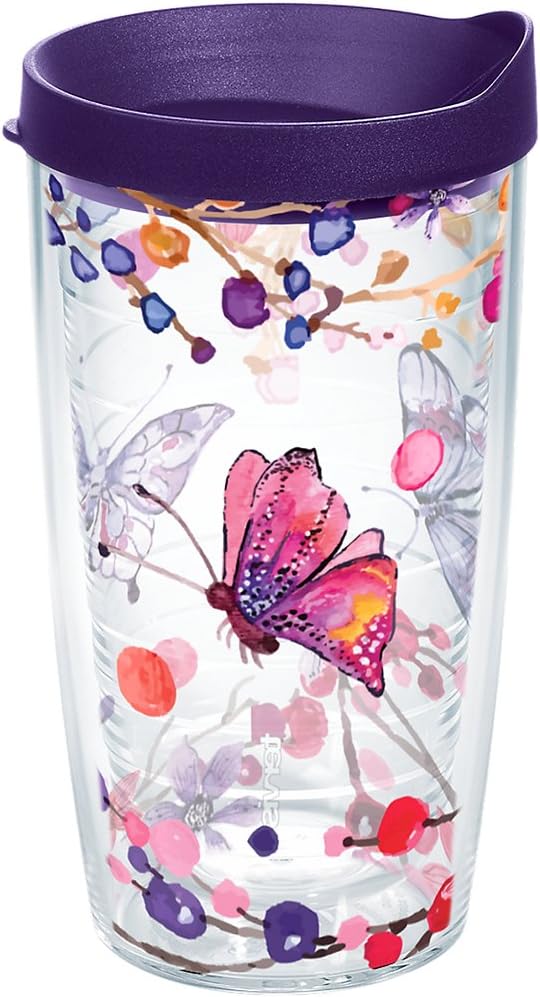 Tervis Watercolor Branches and Butterflies Tumbler with Wrap and Royal Purple Lid 16oz, Clear