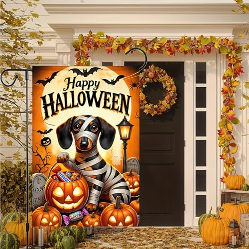 Image of Garden Flags for Outside 12x18 Inch Double Sided - Halloween Trick or Treat Dachshund Dog Skeleton Decorations - Small Outdoor Yard Flag