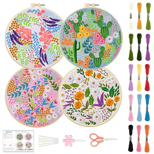 Image of BEUNITONE 4 Set Covered Flower Embroidery Kit for Beginners 7.9 inchx7.9 inch