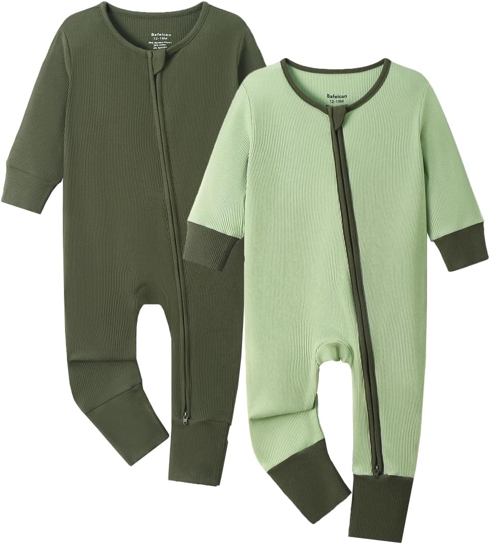 Bafeicao Baby Rayon of Bamboo Pajamas Sleeper with Mitten Cuffs Ribbed 2 Way Zipper Romper Long Sleeve Footless Pjs Sleepers