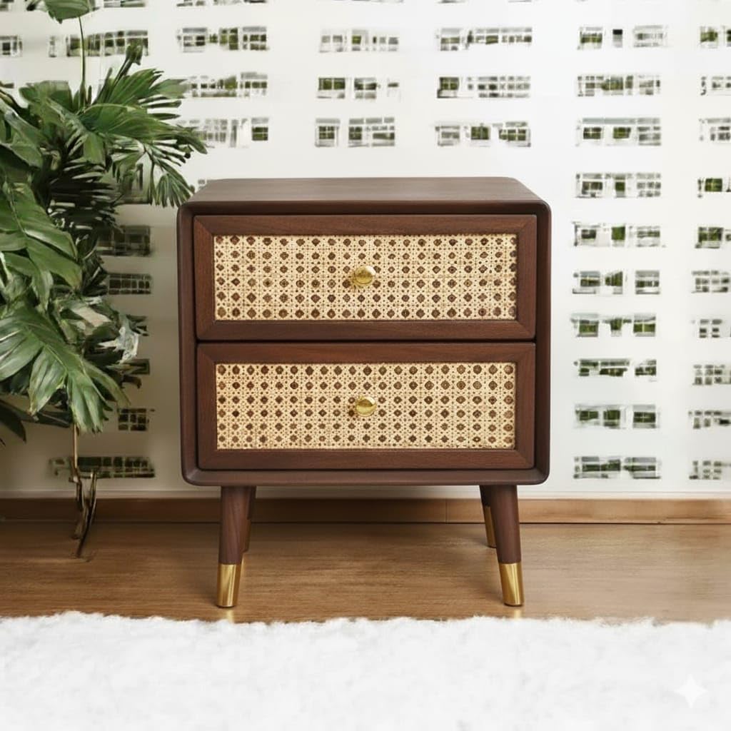 MISAN Boston Solid Wood Bedside Table with Rattan Drawers Mid Century Night Stand for Living Room, Bedroom (A-Walnut)-image-4