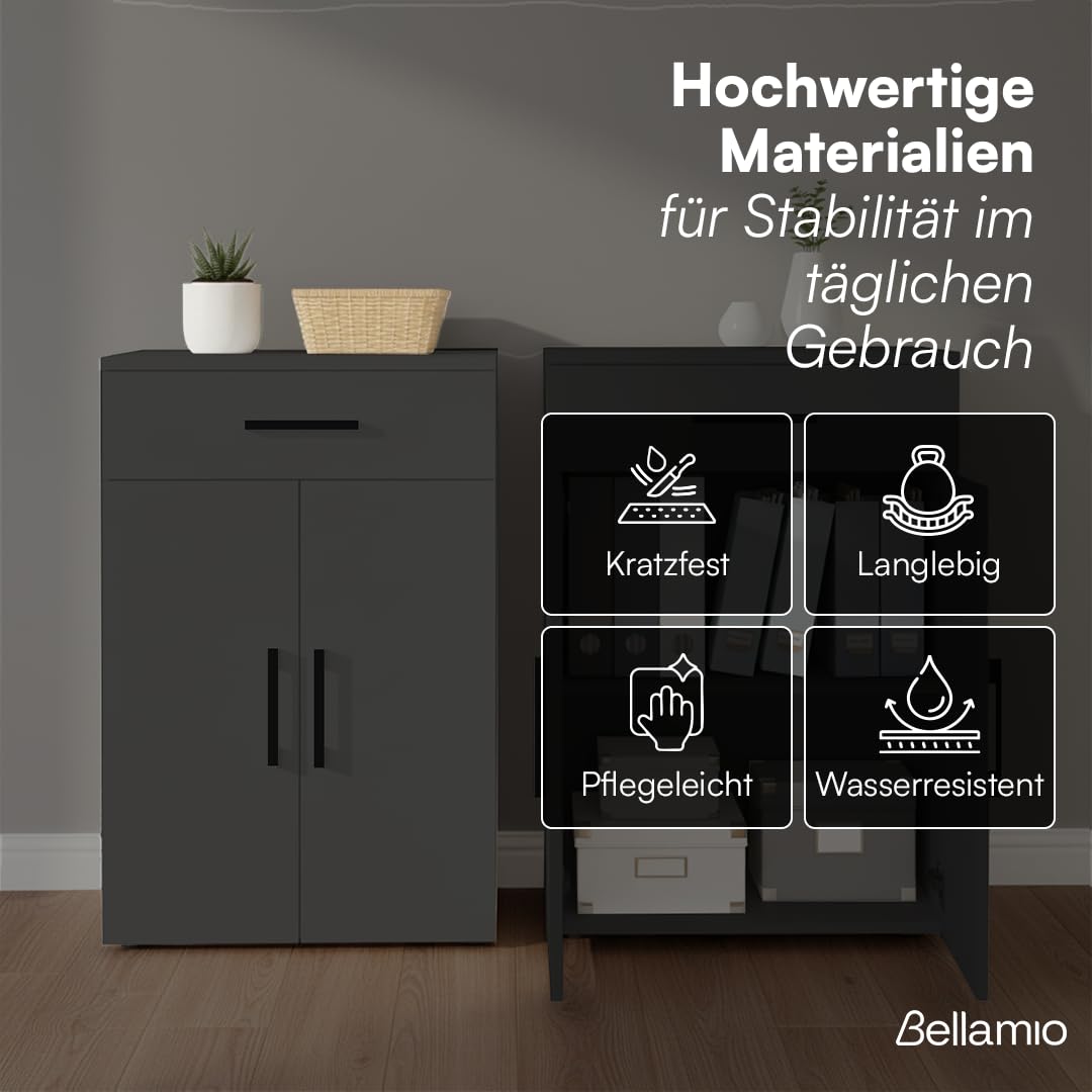 Bellamio Apol Mehrzweckschrank schwarz – Büroschrank 60cm breit – Aktenschrank Holz mit 1 Schublade 2 Fächer – kleines Bücherregal für Flur/Büro/Wohnzimmer – Aufbewahrungsschrank 88cm hoch