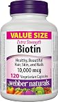 Webber Naturals Biotin Extra Strength, 10,000 mcg of Biotin Per Capsule, 120 Capsules, Supports Healthy Hair, Skin & Nails, Vegan