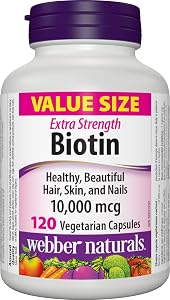 Webber Naturals Biotin Extra Strength, 10,000 mcg of Biotin Per Capsule, 120 Capsules, Supports Healthy Hair, Skin & Nails, Vegan
