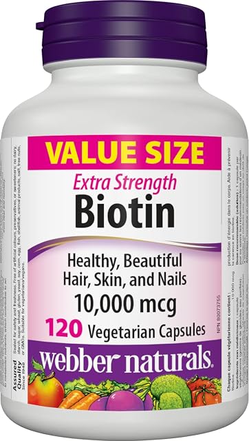 Webber Naturals Biotin Extra Strength, 10,000 mcg of Biotin Per Capsule, 120 Capsules, Supports Healthy Hair, Skin & Nails, Vegan