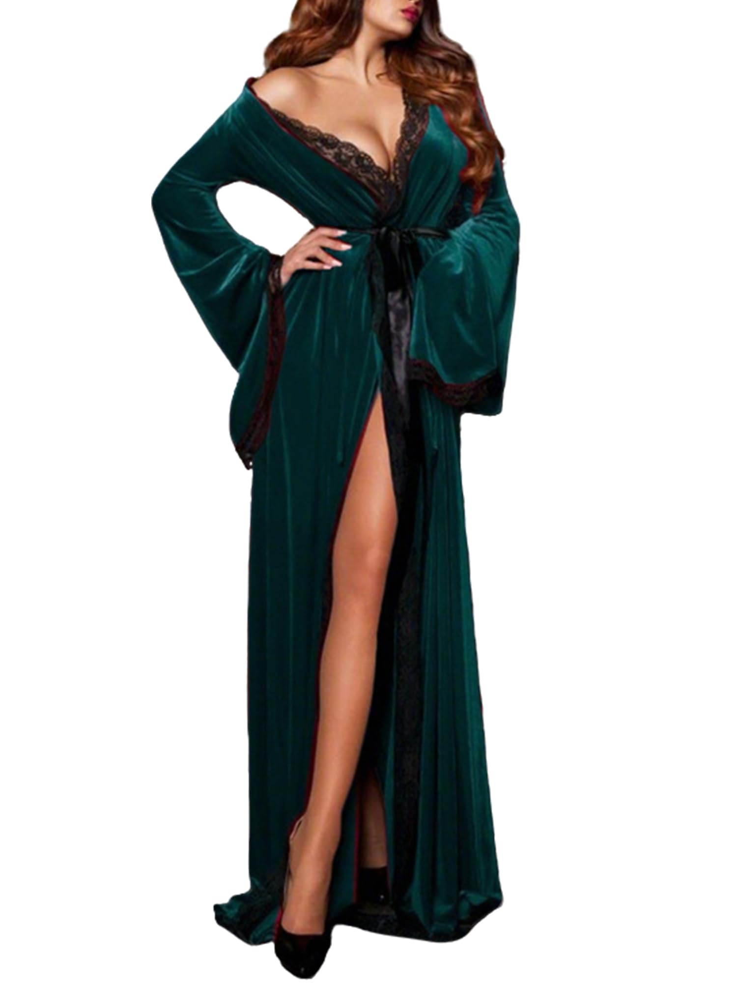 Sexy outfit Damski bardzo długi aksamitny szlafrok kimono z koronkowym wykończeniem z paskiem elegancka przytulna bielizna nocna bielizna nocna miękki podomka pomysł na prezent