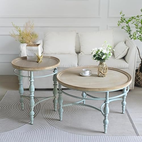 Miniatura 5 de TIMBERMAVEN Mesa de centro redonda rústica de granja, mesa central vintage de campo francés, de 31.5 x 18.9 pulgadas de alto, madera maciza rústica