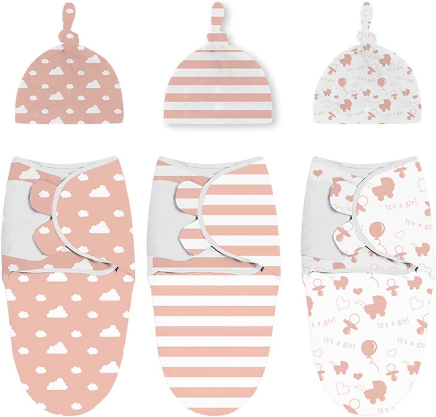 Baby Swaddle Wrap, 3 Pack 73x56cm Newborn Swaddle Blanket Wrap with Hats, 0-3 Months 100% Breathable Cotton Swaddlers Sleep Sack with Adjustable Wings for Baby Girls