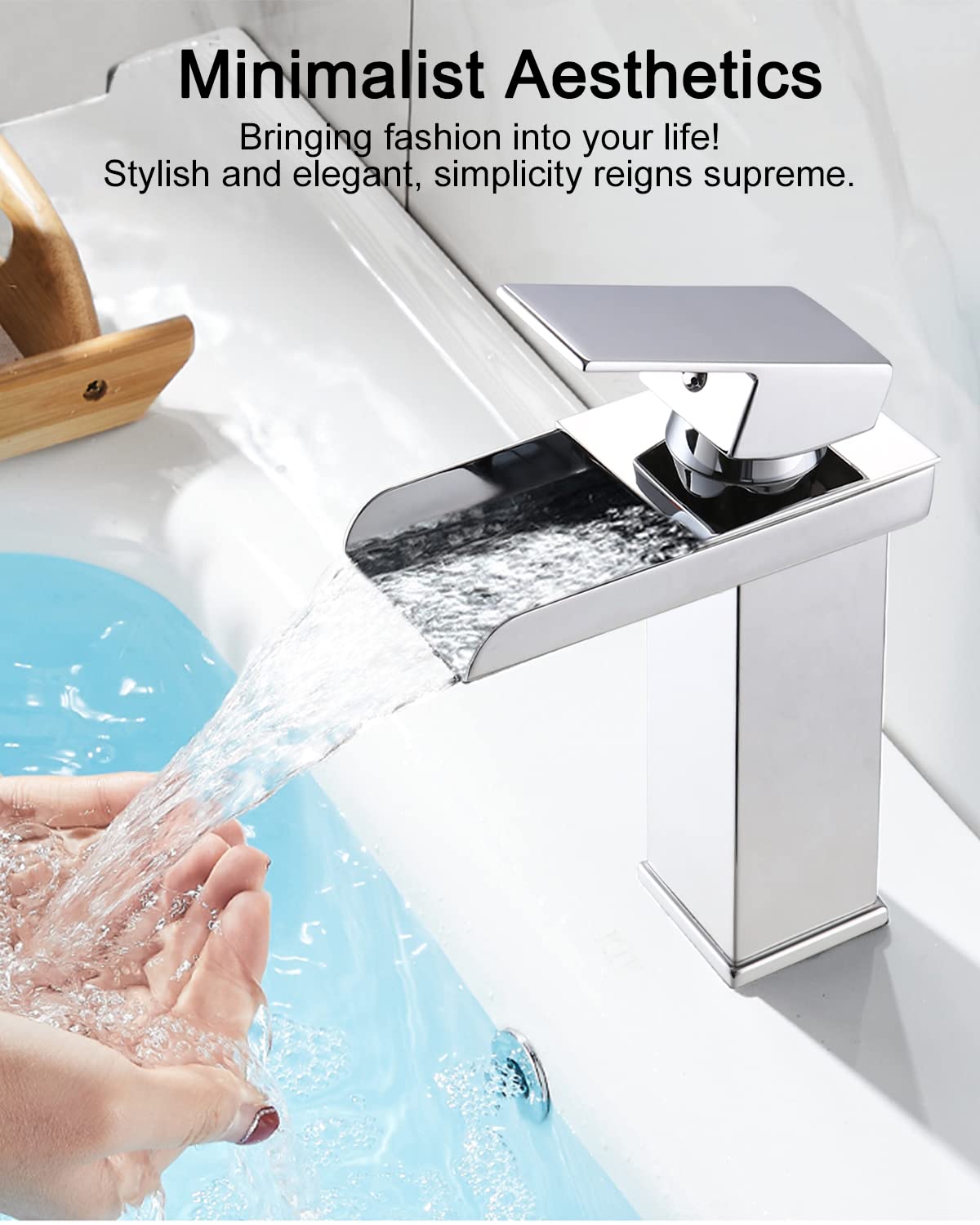 FAOKZE Grifo De Cascada Para Lavabo O Baño: Efecto Agua Natural En Cromo, Acero Inoxidable 304 Con Cartucho Cerámico