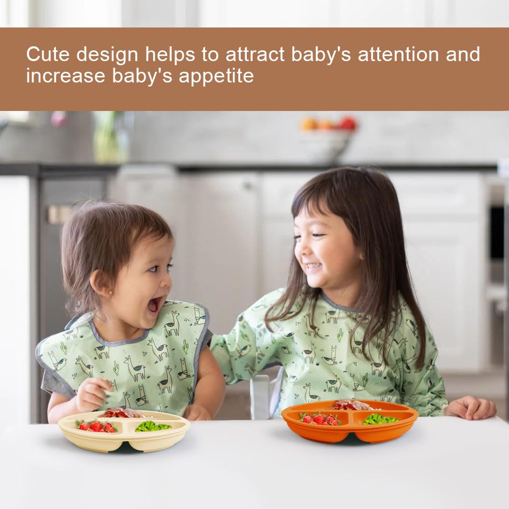 Aolso Assiettes en Silicone avec Ventouse, 2PCS Assiette Ventouse, Ustensiles, Incassable Divisées- Passe Au Lave-vaisselle et Au Micro-ondes (Marron/Beige)