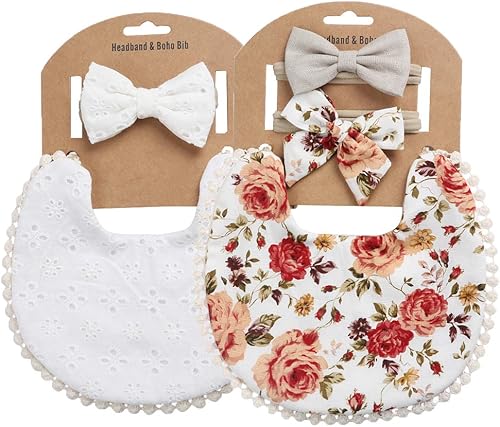 Baby Bibs for Girls Reversible Boho Double-Deck Cotton Drooling Bibs with Nylon Headband Set