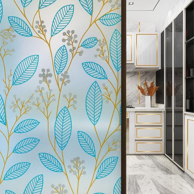 Image of Blue Leaf Printed GlassFilm Window Film Window Sticker Glass stickerFor Privacy, Sun Control, Decor for Home, Office & Bathroom (24 Inch X 84 Inch)