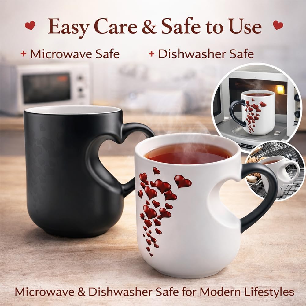 Heart Mug, Heart-Shaped Color Changing Magic Ceramic Mug Funny Color Changing Coffee Cup With Handle That Reveals Surprise Design When Filled With Hot Beverage Romantic Gift For Couples (Black) - Image 7